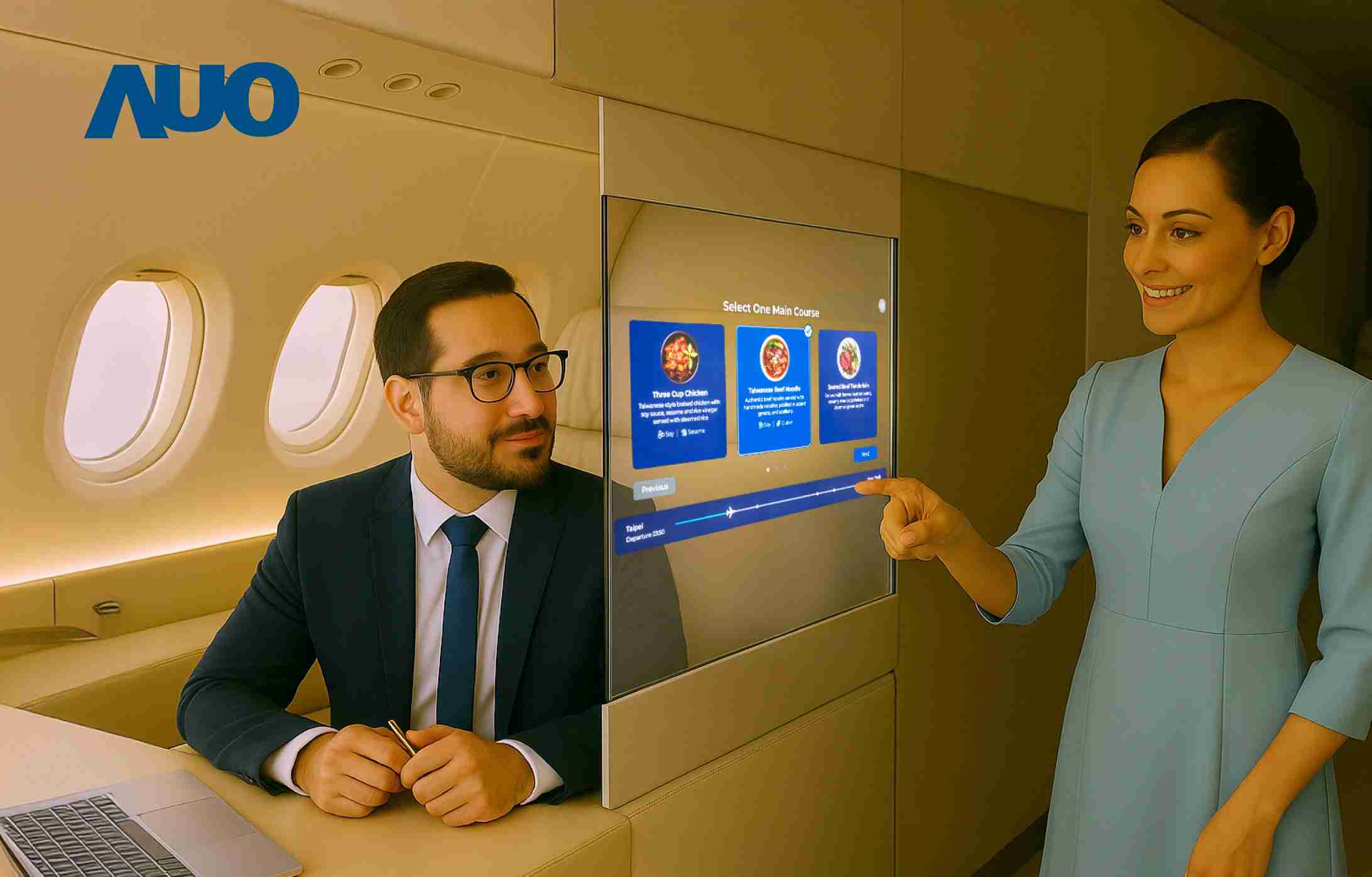 z6尊龙研发全球最薄17.3 吋双面透明 Micro LED 显示器，，，可在同一屏幕之双边投射不同信息，，，，创造独特的”透明化”互动；图为实时翻译交流应用情境